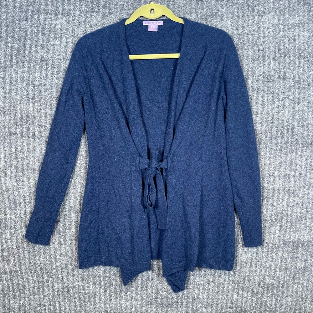 Grainne&Co 3 US Womens Large Navy Blue Tie 100% Cashmere Cardigan Preppy
